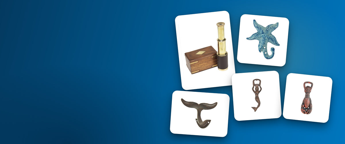 Moby Dick best sellers: telescope, starfish hook, whale tail hook, mermaid bottle opener, lobster bottle opener