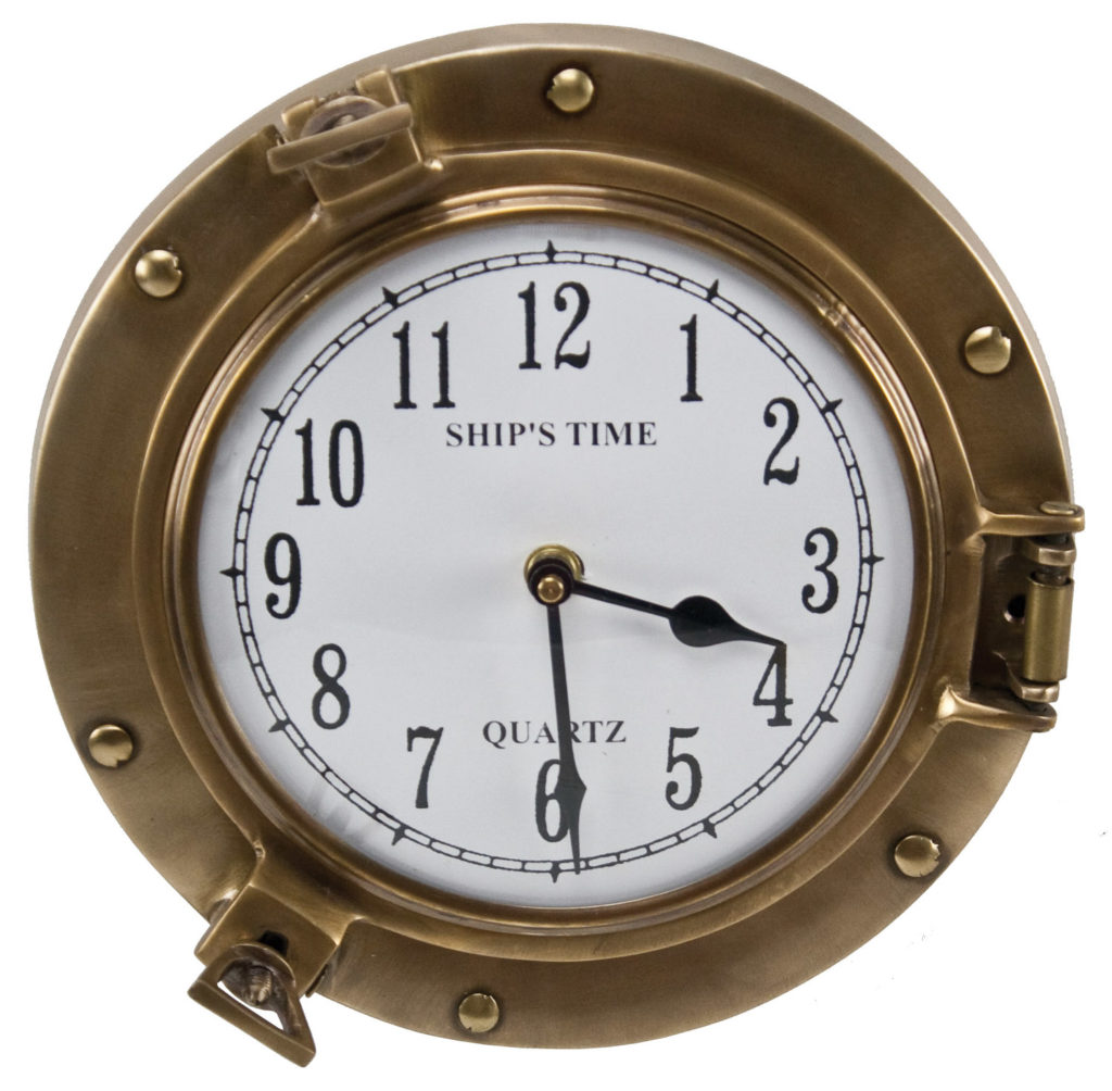 Porthole Clock Ant. Finish Solid Brass Moby Dick Specialties